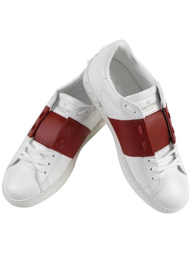 Men's Rockstude Open Leather Low Top Sneakers White Red - VALENTINO - BALAAN 5