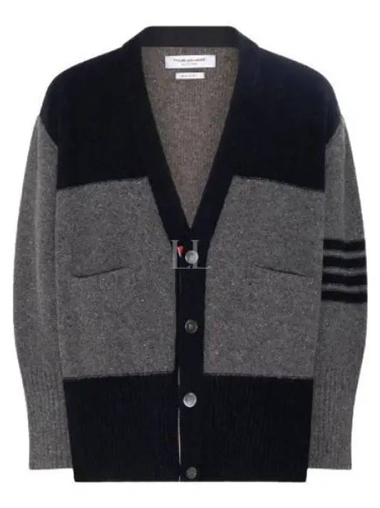 Donegal Diagonal Oversized Colour Block Wool Cardigan Grey - THOM BROWNE - BALAAN 2