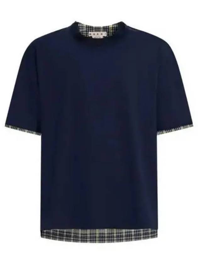 Plaid Check Panel Cotton Short Sleeve T-shirt Navy - MARNI - BALAAN 2