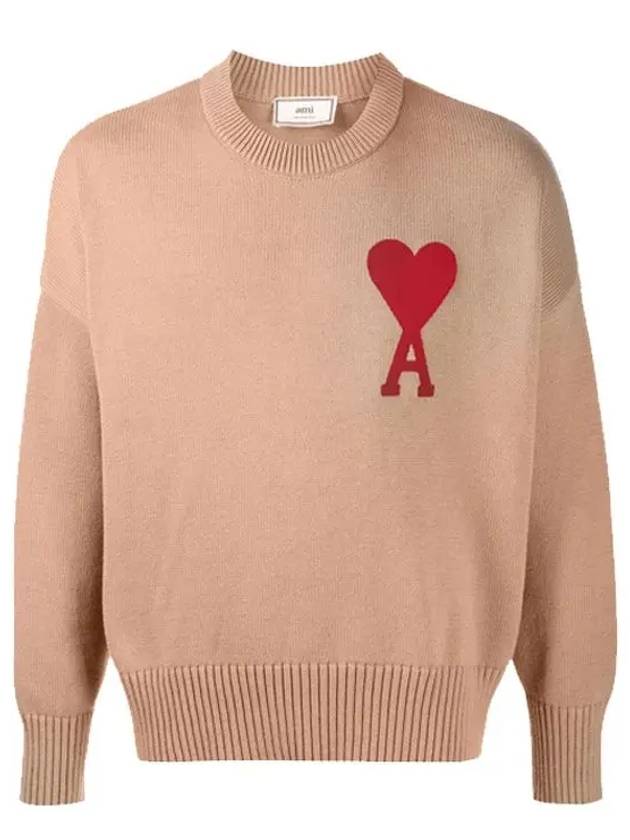 Men's Big Heart Embroidered Logo Knit Top Beige - AMI - BALAAN 2