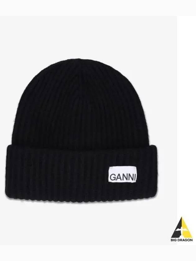 Logo Patch Knit Beanie Black - GANNI - BALAAN 2