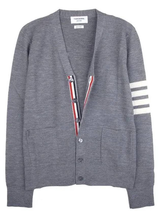 4-Bar Striped Waffle High V-Neck Cardigan Light Grey - THOM BROWNE - BALAAN 2