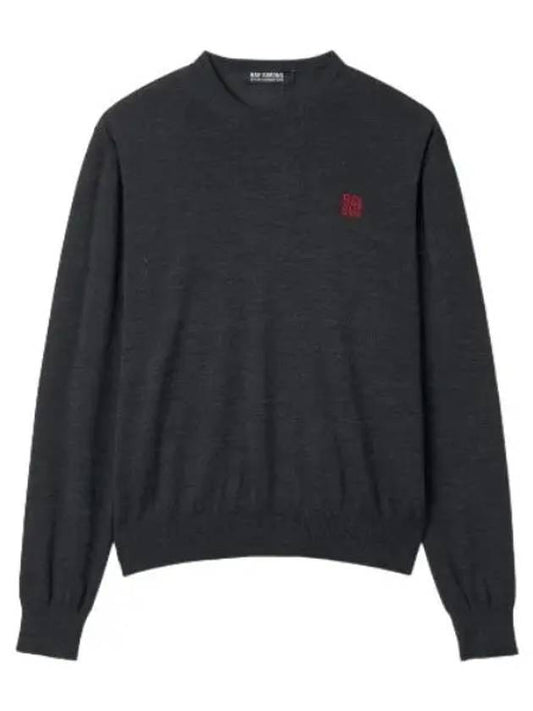 Embroidered crewneck knit sweater dark gray - RAF SIMONS - BALAAN 1