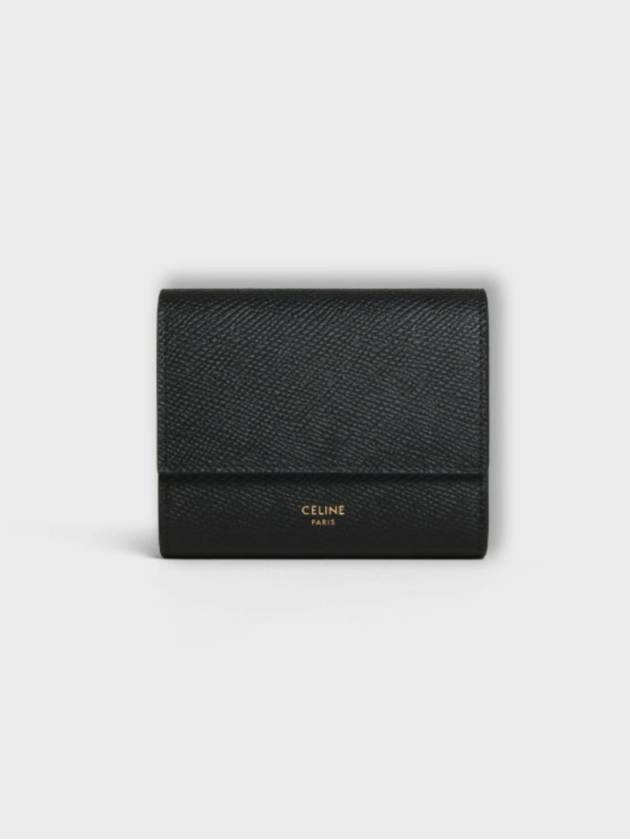 Trifold Grained Calfskin Small Half Wallet Black - CELINE - BALAAN 2