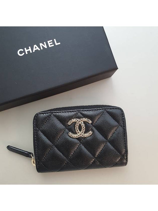 CC logo zipper leather card wallet black - CHANEL - BALAAN.