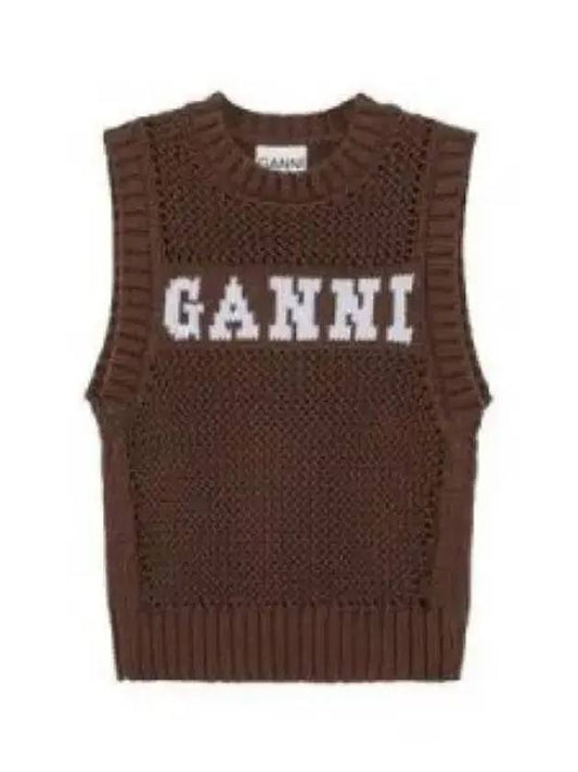 Logo Crochet Vest Knit Top Brown - GANNI - BALAAN 2