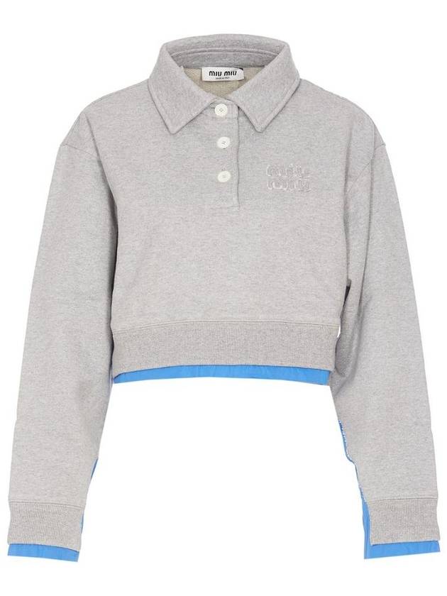 Raw Cut Polo Shirt Collar Sweatshirt Grey - MIU MIU - BALAAN 1