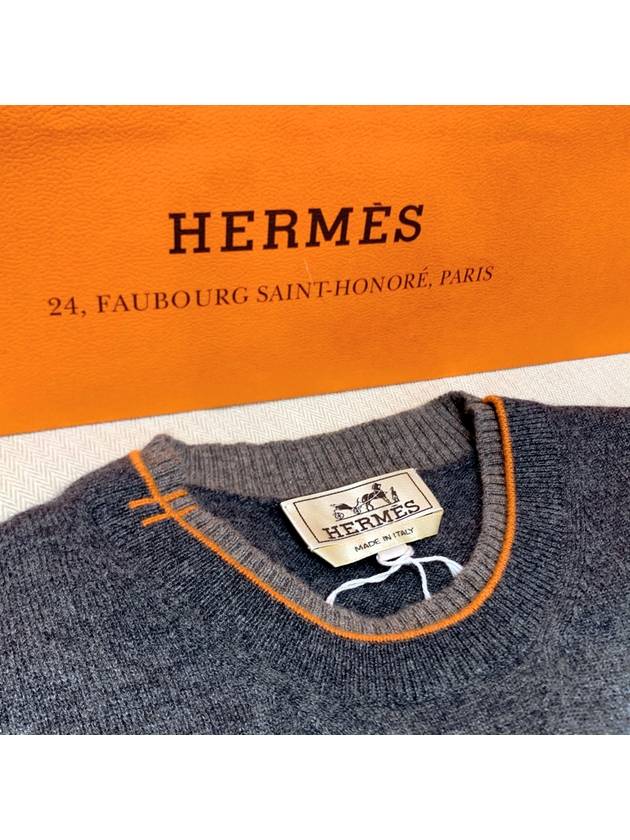 Men s Knit Double Coat H Cashmere Sleeve Crew Neck Sweater Charcoal - HERMES - BALAAN 5