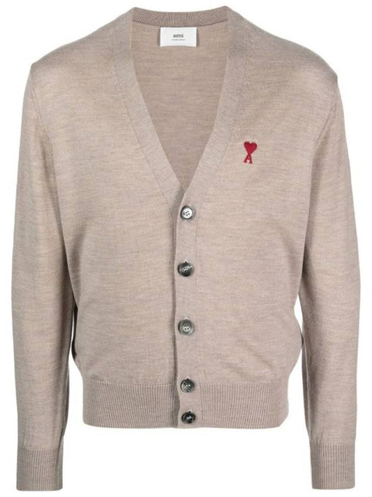 Red Heart Logo Merino Wool Cardigan Beige - AMI - BALAAN 2