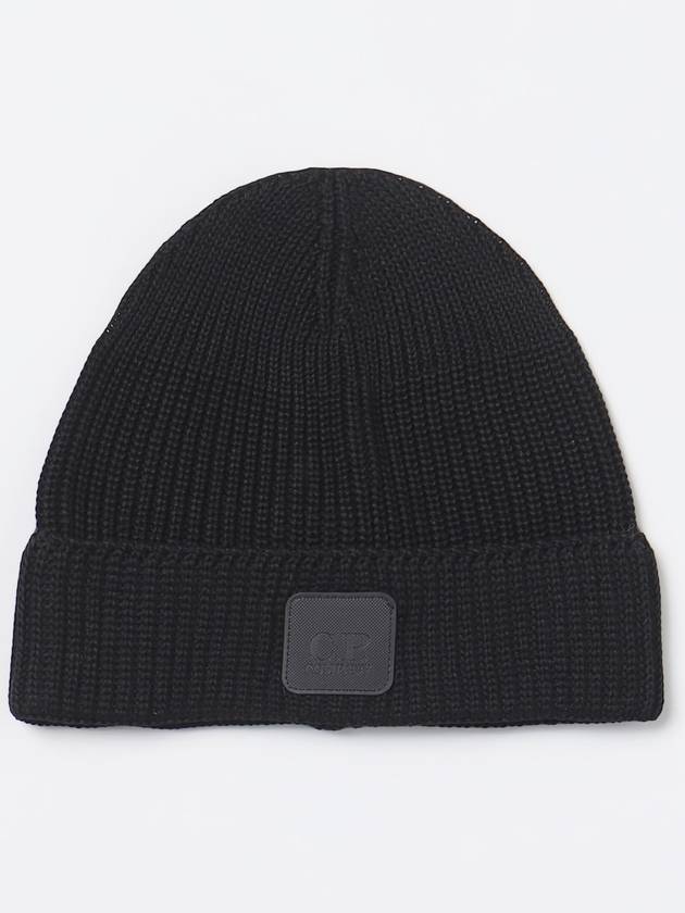 Logo Patch Cotton Ribbed Beanie Black - CP COMPANY - BALAAN 2