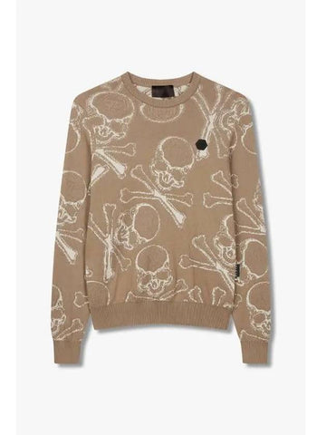 Men s Skull Jacquard Crew Neck Pullover Beige - PHILIPP PLEIN - BALAAN 1