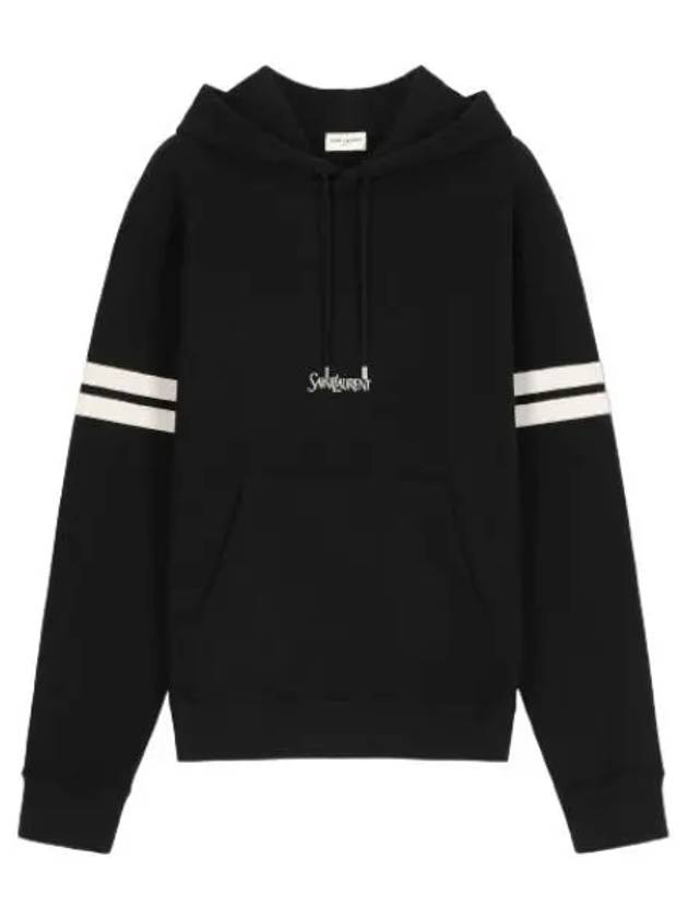 Logo Stripe Trim Hooded Black Sweatshirt - SAINT LAURENT - BALAAN 1