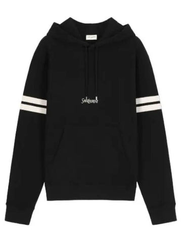 Logo Stripe Trim Hooded Black Sweatshirt - SAINT LAURENT - BALAAN 1