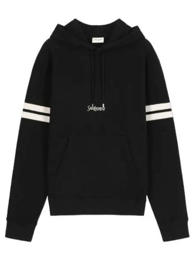 Logo Stripe Trim Hooded Black Sweatshirt - SAINT LAURENT - BALAAN 1