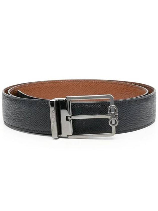 Men's Gancini Square Buckle Leather Belt Black Vicuna - SALVATORE FERRAGAMO - BALAAN 1