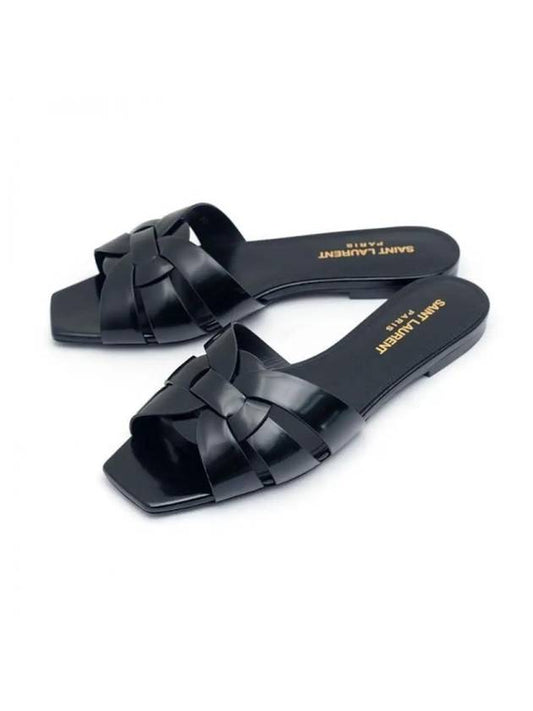 Tribute Leather Slippers Black - SAINT LAURENT - BALAAN 1