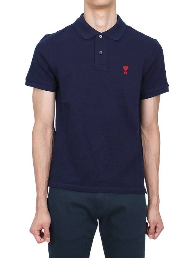 Men's Heart Logo Polo Shirt Navy - AMI - BALAAN 2