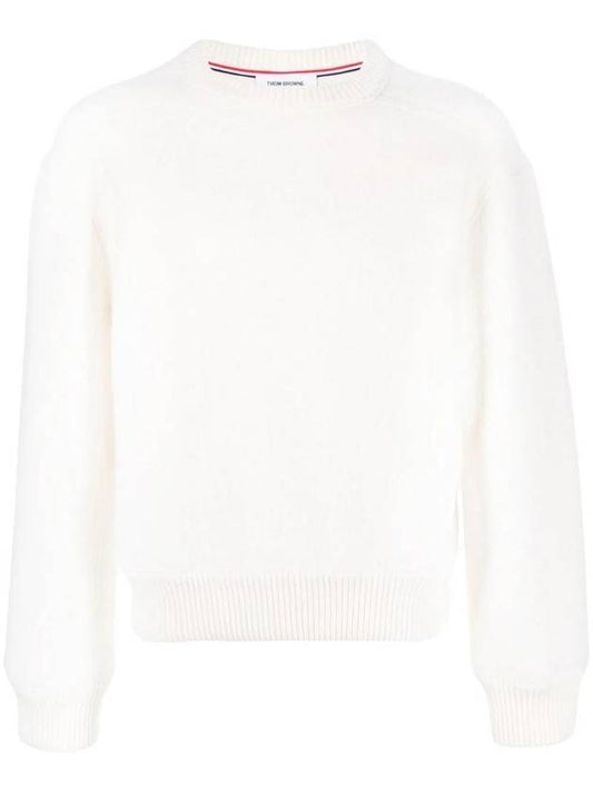 Logo Patch Striped Wool Fleece Crewneck Knit Top White - THOM BROWNE - BALAAN 1