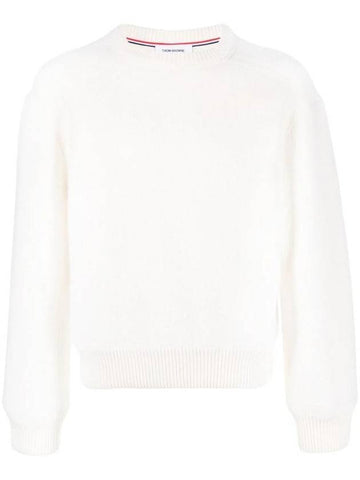 Logo Patch Striped Wool Fleece Crewneck Knit Top White - THOM BROWNE - BALAAN 1