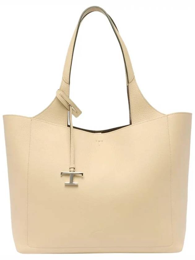 Logo Charm Medium Leather Shopper Tote Bag Beige - TOD'S - BALAAN 3