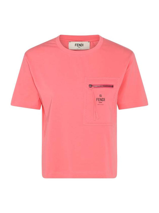 Logo Zipper Pocket Cropped Short Sleeve T-Shirt Pink - FENDI - BALAAN 1