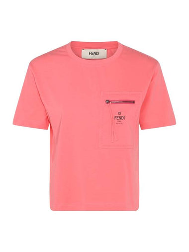 Logo Zipper Pocket Cropped Short Sleeve T-Shirt Pink - FENDI - BALAAN 1