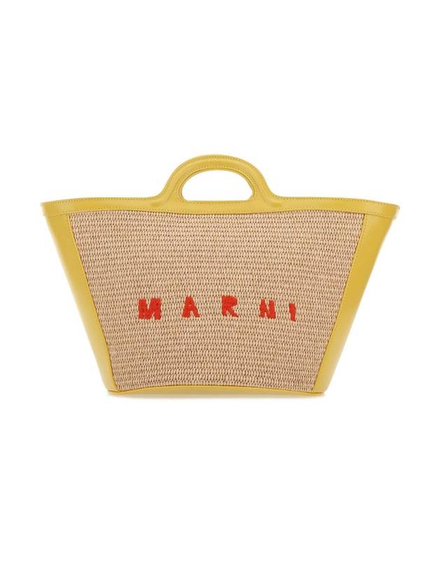 Red Logo Embroidered Raffia Cross Tote Bag Yellow Beige - MARNI - BALAAN 1