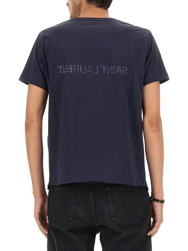 Reverse Logo Print Cotton Short Sleeve T-Shirt Navy - SAINT LAURENT - BALAAN 5