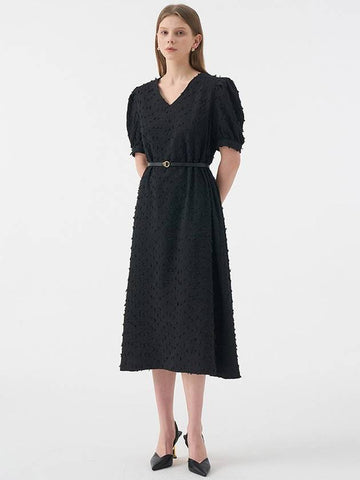 Lucia V-neck puff half-sleeve belted long dress black - AME - BALAAN 1