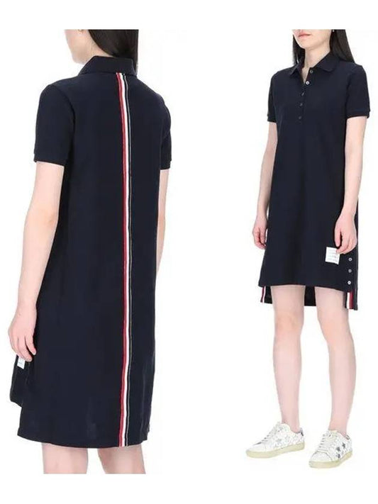 Classic Cotton Pique Center Back Stripe A-Line Short Sleeve Polo Short Dress Navy - THOM BROWNE - BALAAN 2