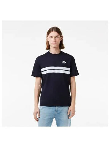 Men s color combination tipping print back big graphic match t shirt dark navy - LACOSTE - BALAAN 1