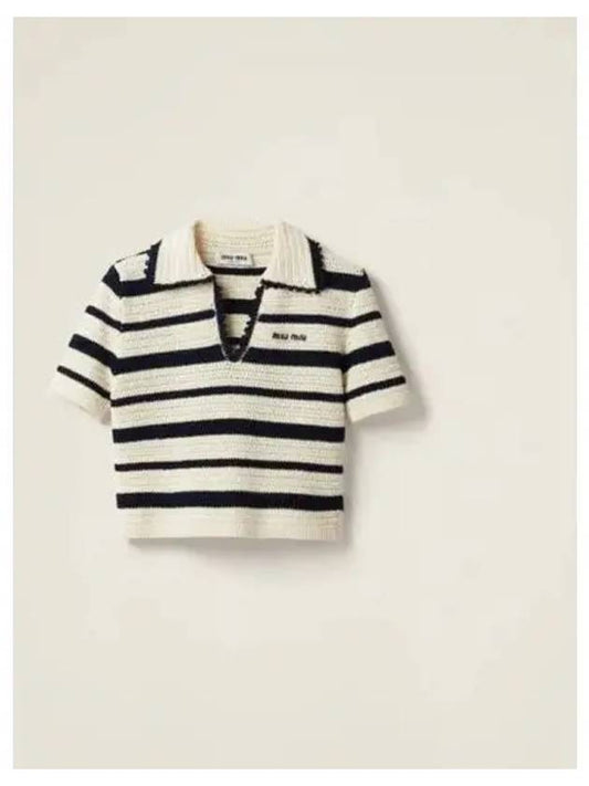 Logo Open Collar Striped Short Sleeve Knit Top White Blue - MIU MIU - BALAAN 2