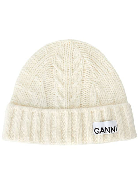 Logo Cable Knit Beanie Egret - GANNI - BALAAN 2