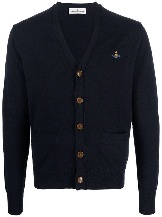 Logo Embroided V-neck Button Wool Cardigan Navy - VIVIENNE WESTWOOD - BALAAN 1