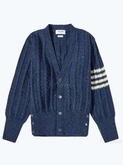 Donegal Twist Cable 4 Bar Classic V Neck Cardigan Blue - THOM BROWNE - BALAAN 2