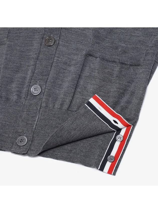 Sustainable Fine Merino Wool 4-Bar Relaxed Fit V-Neck Cardigan Medium Grey - THOM BROWNE - BALAAN 4