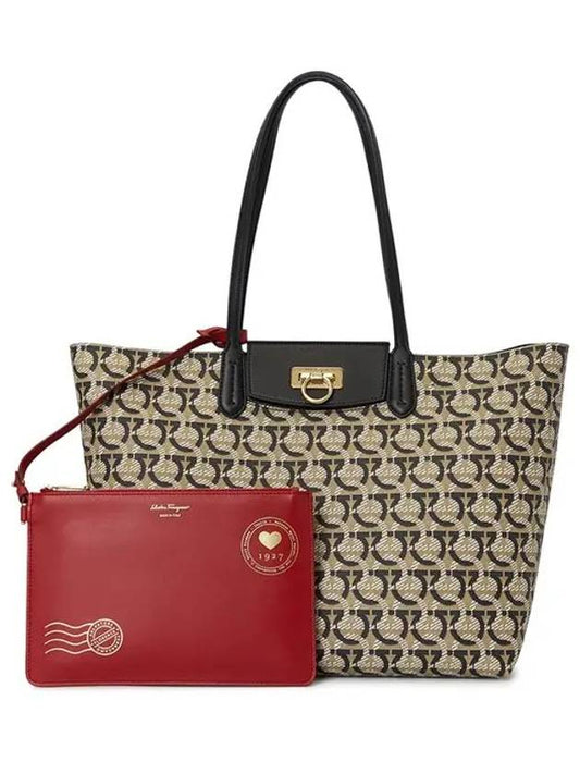 Gancini Monogram Small Tote Bag Sand Black - SALVATORE FERRAGAMO - BALAAN.