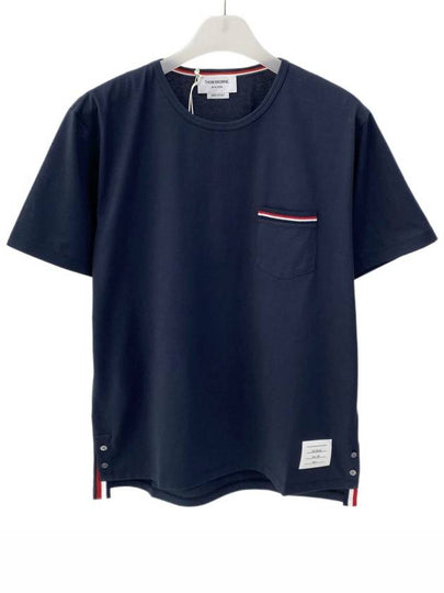 Men's Medium Weight Jersey Tipped Pocket Crewneck Short Short Sleeve T-Shirt Navy - THOM BROWNE - BALAAN 2