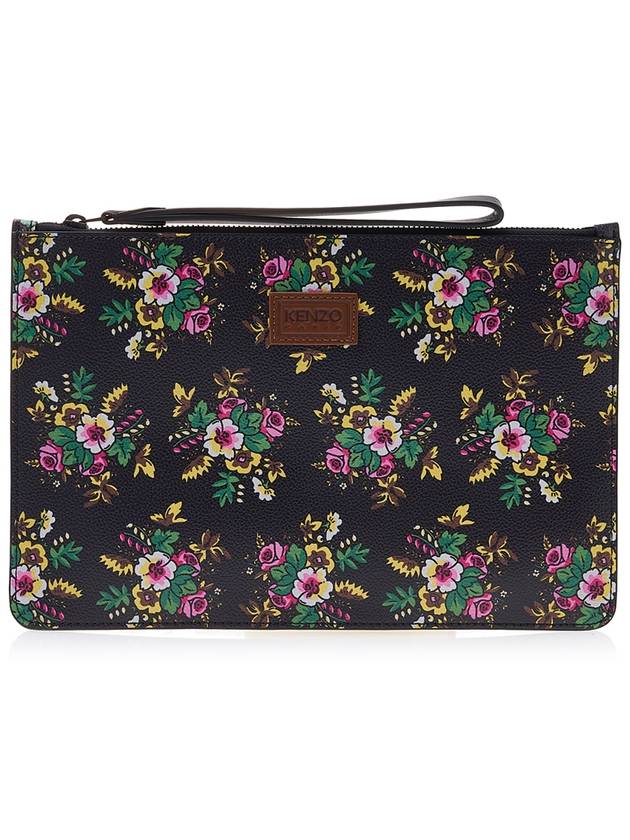 Pop Bouquet Print Logo Patch Large Pouch Bag Black - KENZO - BALAAN.