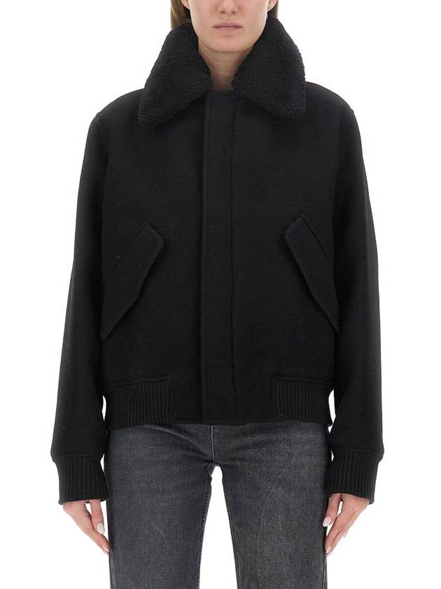 Shearling Collar Wool Zip-Up Jacket Black - AMI - BALAAN 1