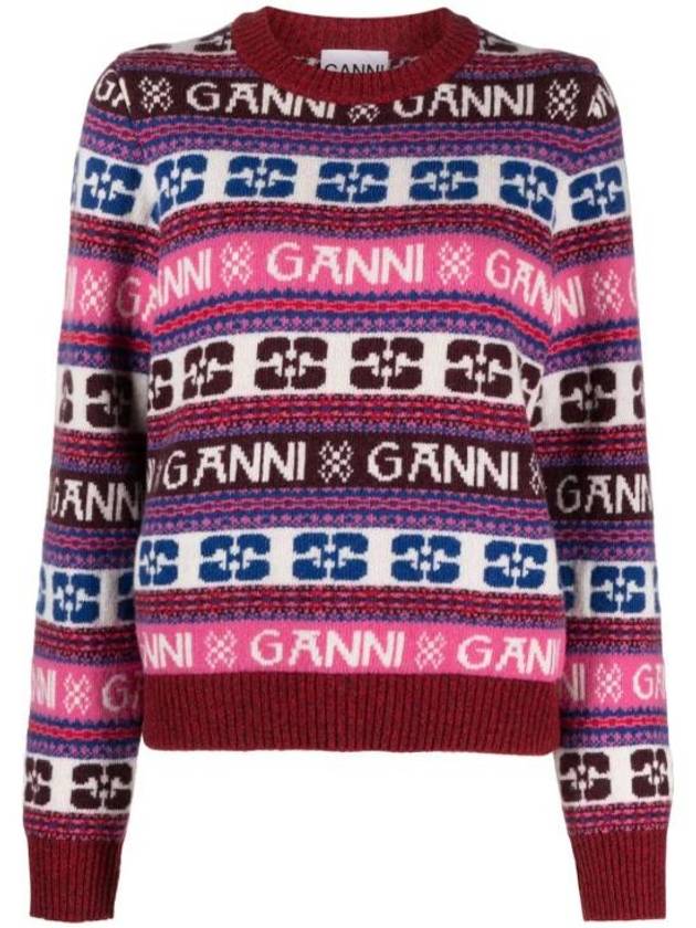 Logo Wool Mix O-Neck Knit Top Pink - GANNI - BALAAN 1