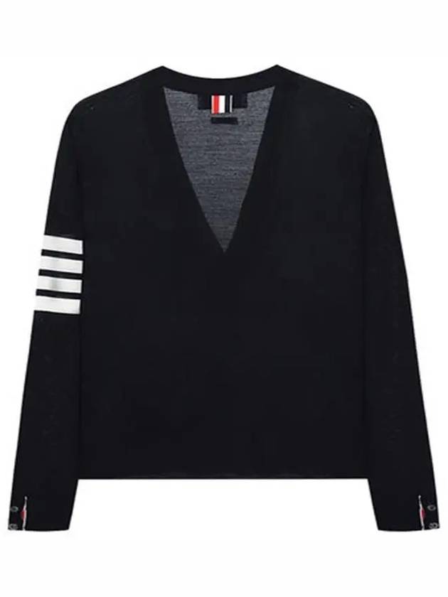 Sustainable Fine Merino Wool 4-Bar Relaxed Fit V-Neck Cardigan Navy - THOM BROWNE - BALAAN 8