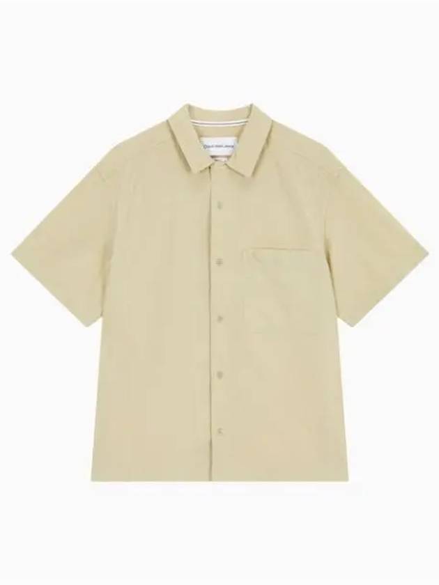 JEANS Men s Beige Textured Cotton Camp Short Sleeve Shirt J325603 RAE - CALVIN KLEIN - BALAAN 1