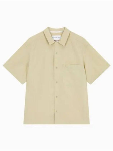 JEANS Men s Beige Textured Cotton Camp Short Sleeve Shirt J325603 RAE - CALVIN KLEIN - BALAAN 1