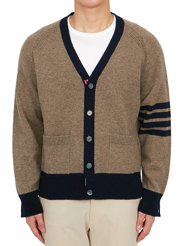 V-Neck 4-Bar Wool Cardigan Brown - THOM BROWNE - BALAAN 3