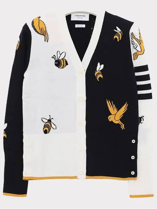 Women 4 Bar Stripe Bird Bee Cotton Wool Cardigan Navy White - THOM BROWNE - BALAAN.
