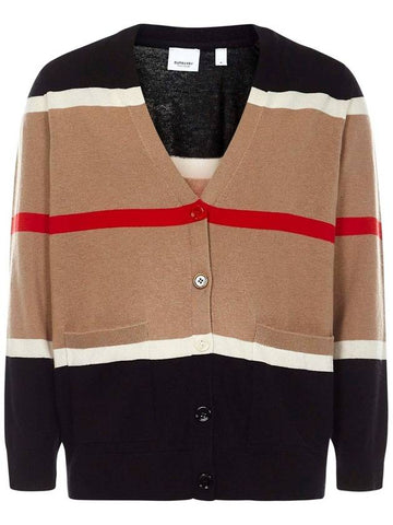 Striped Cashmere Silk Cardigan Camel - BURBERRY - BALAAN.