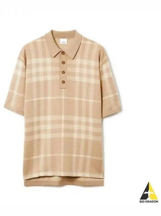Wool Silk Blend Check Polo Short Sleeve Beige 8068482 - BURBERRY - BALAAN 1