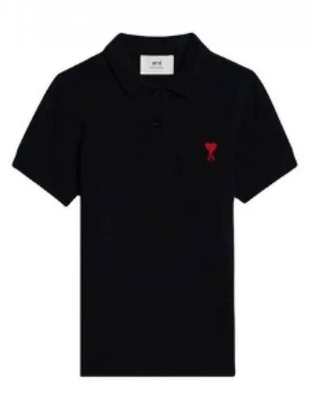 Embroidered Heart Logo Short Sleeve Polo Shirt Black - AMI - BALAAN 2