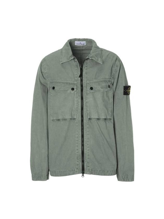 Brushed Organic Cotton Overshirt Jacket Sage Green - STONE ISLAND - BALAAN 1